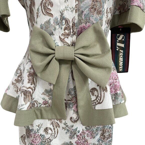 Vintage SL Fashions Floral Brocade Dress Set Puff Sleeve Peplum Bow Size 7/8 USA - Picture 8 of 14
